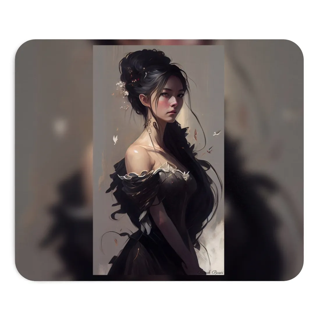 Elegant Black Hair Portrait: Beautiful Female in Dress Art - Mouse Pad