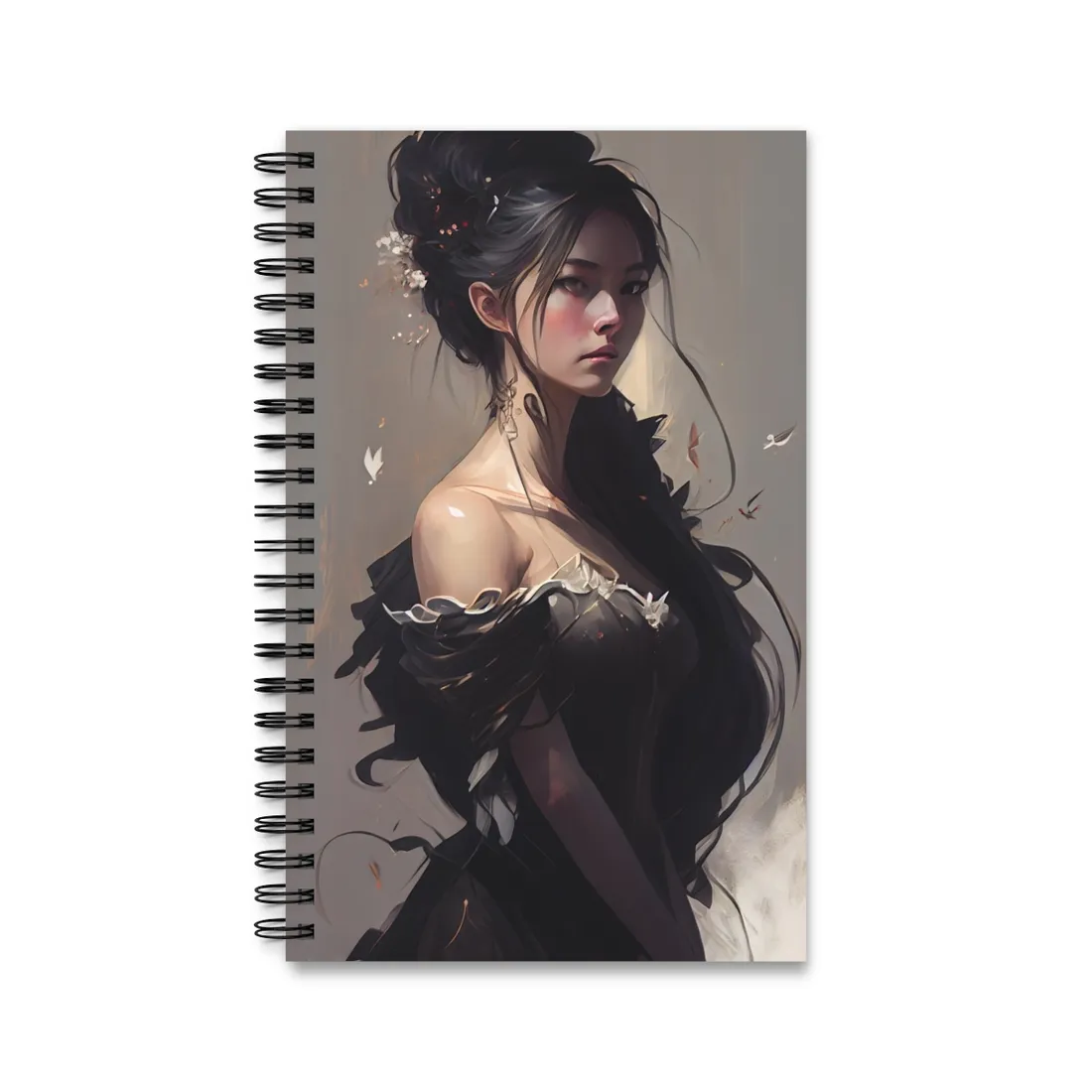 Elegant Black Hair Portrait: Beautiful Female in Dress Art - Spiral Notebook