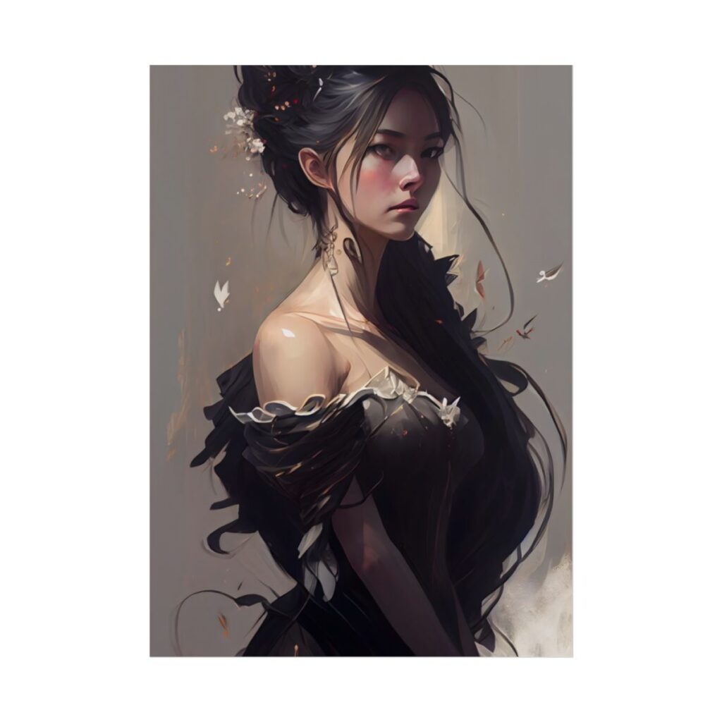 Elegant Black Hair Portrait: Beautiful Female in Dress Art - Poster