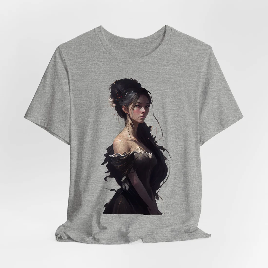 Painted woman with dark updo and white blossoms in black off-shoulder gown, grey backdrop – T-Shirt, athletic heather
