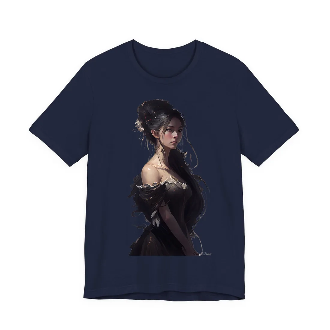 Painted woman with dark updo and white blossoms in black off-shoulder gown, grey backdrop – T-Shirt, black, view 3