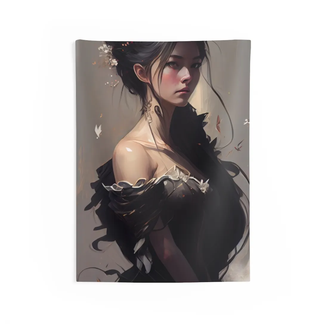 Elegant Black Hair Portrait: Beautiful Female in Dress Art - Wall Tapestry
