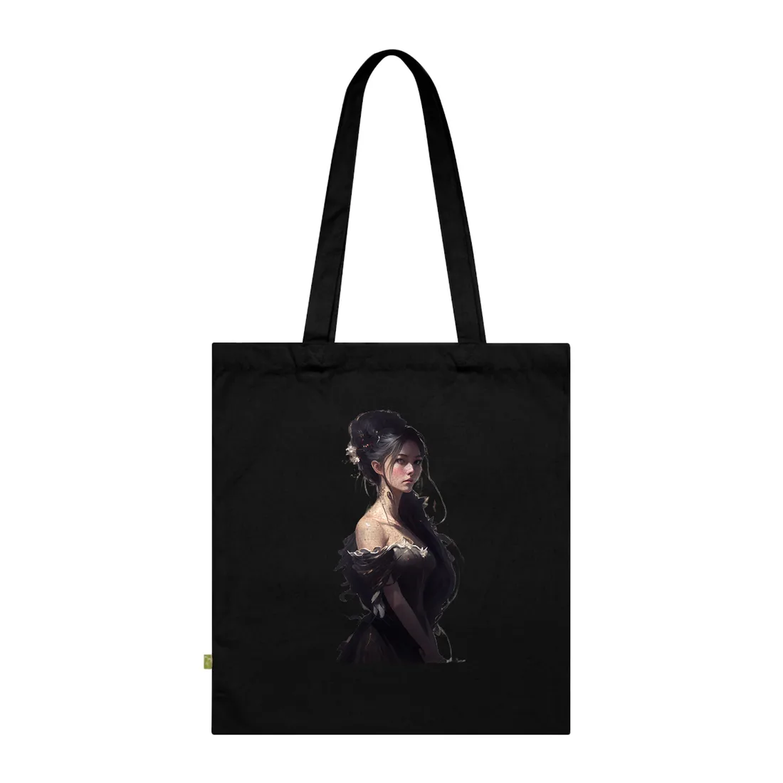 Painted woman with dark updo and white blossoms in black off-shoulder gown, grey backdrop – Tote Bag, black, view 3