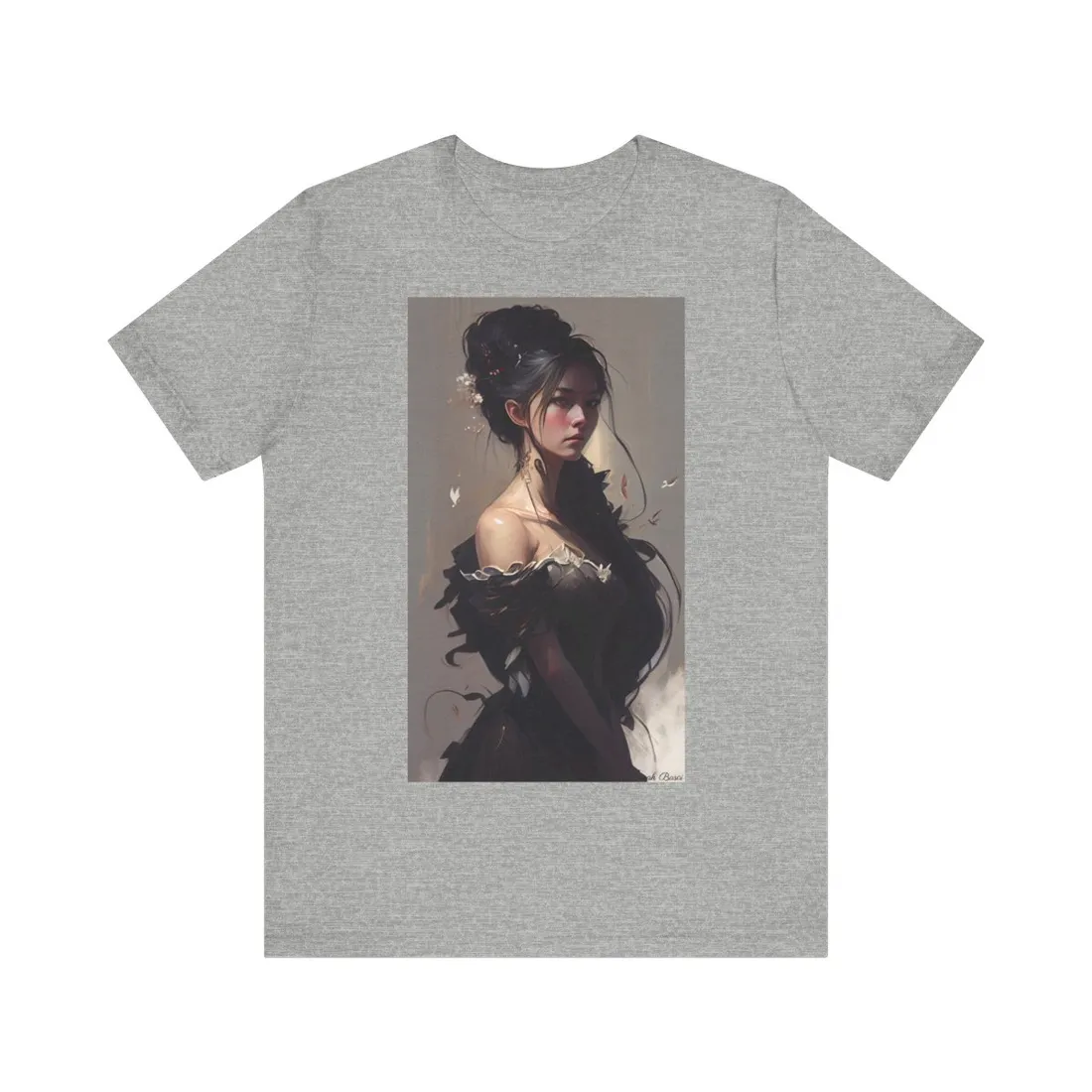 Elegant Black Hair Portrait: Beautiful Female in Dress Art - T-Shirt