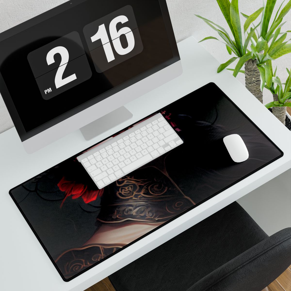 Elegant Black Hair Portrait in White Dress - Desk Mat