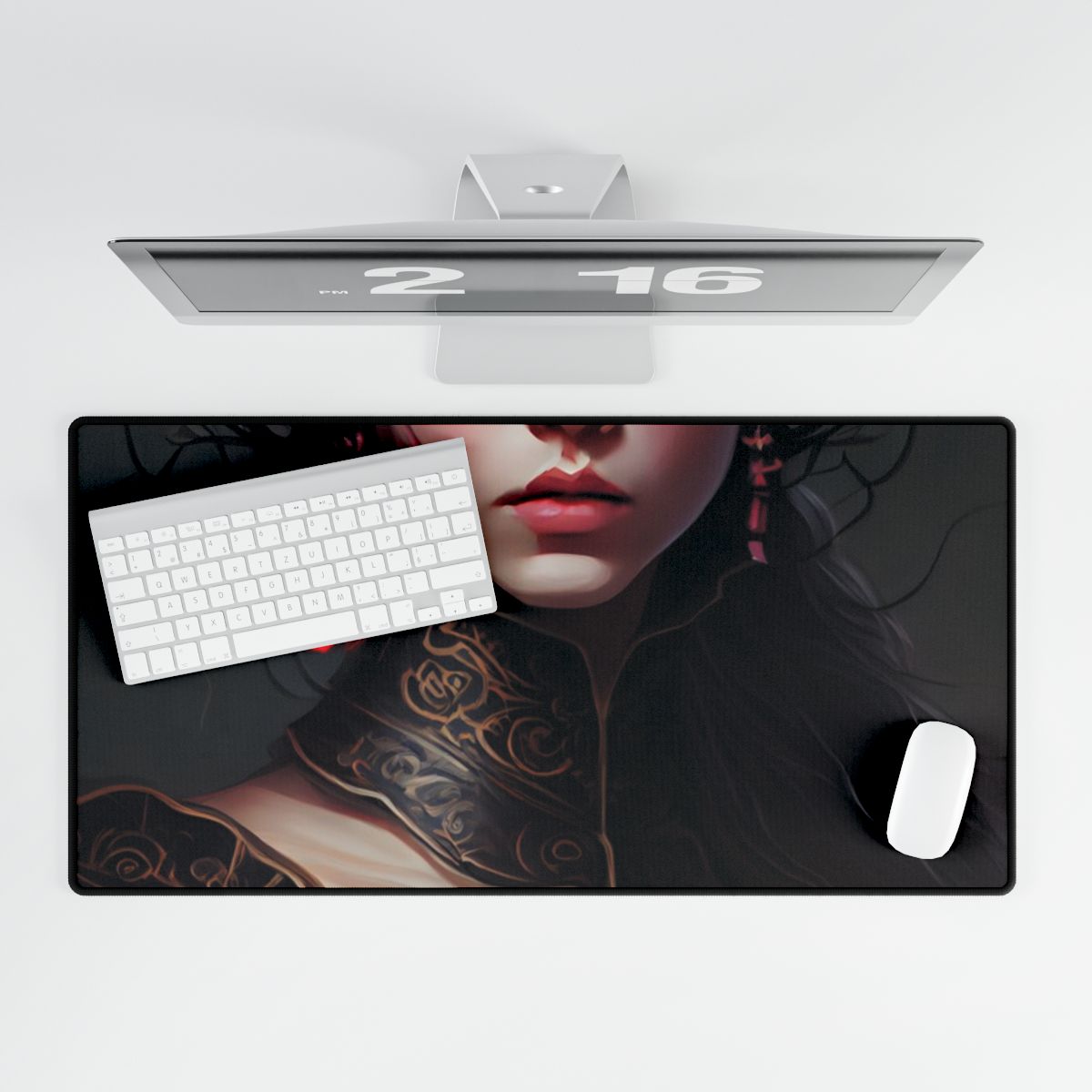 Elegant Black Hair Portrait in White Dress - Desk Mat