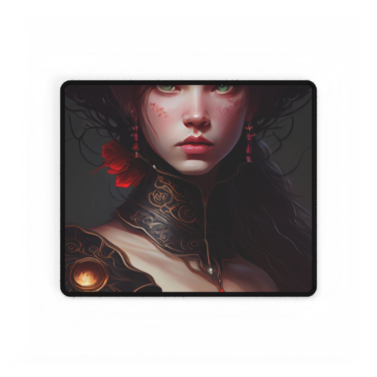 Elegant Black Hair Portrait in White Dress - Desk Mat