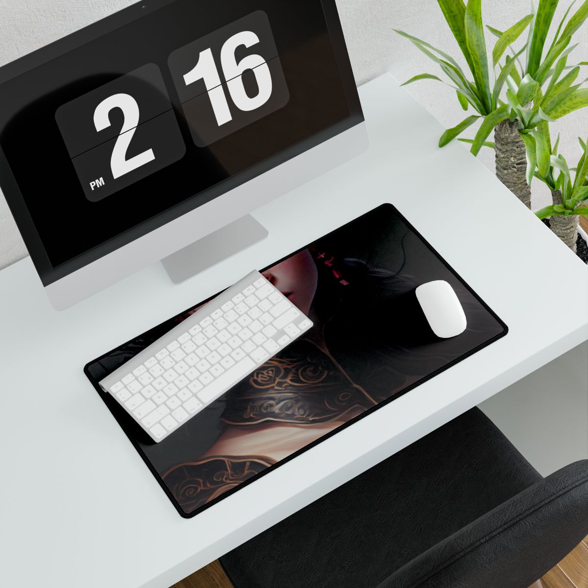 Elegant Black Hair Portrait in White Dress - Desk Mat