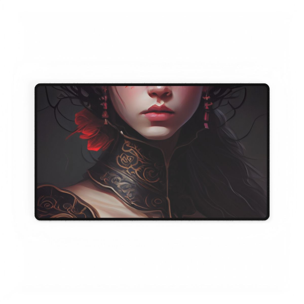 Elegant Black Hair Portrait in White Dress - Desk Mat