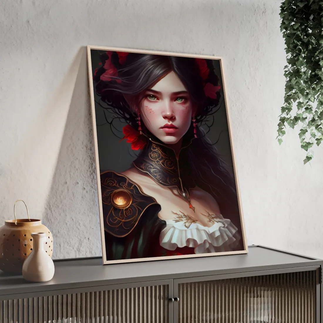 Elegant Black Hair Portrait in White Dress - Framed Poster