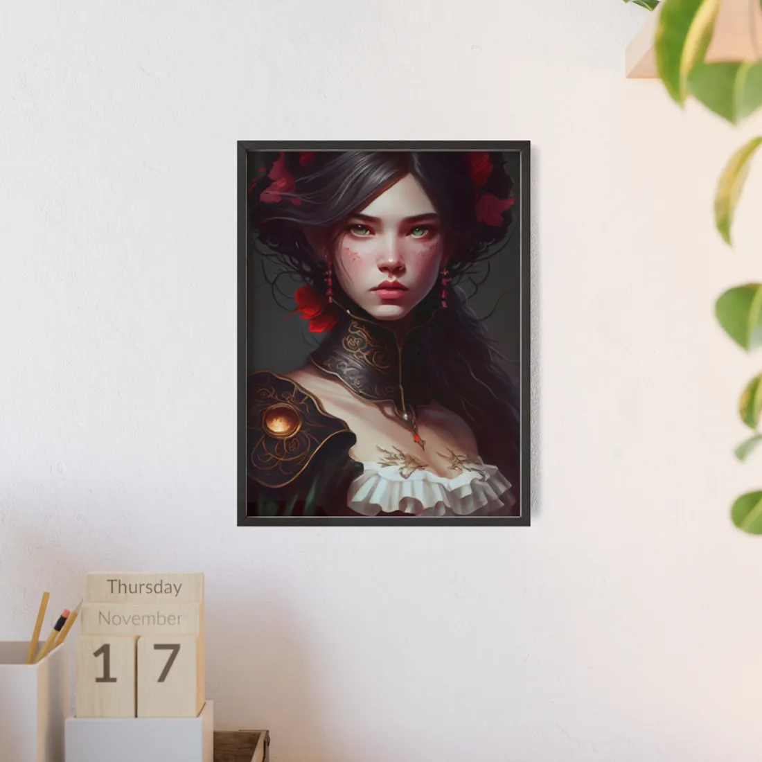 Elegant Black Hair Portrait in White Dress - Framed Poster