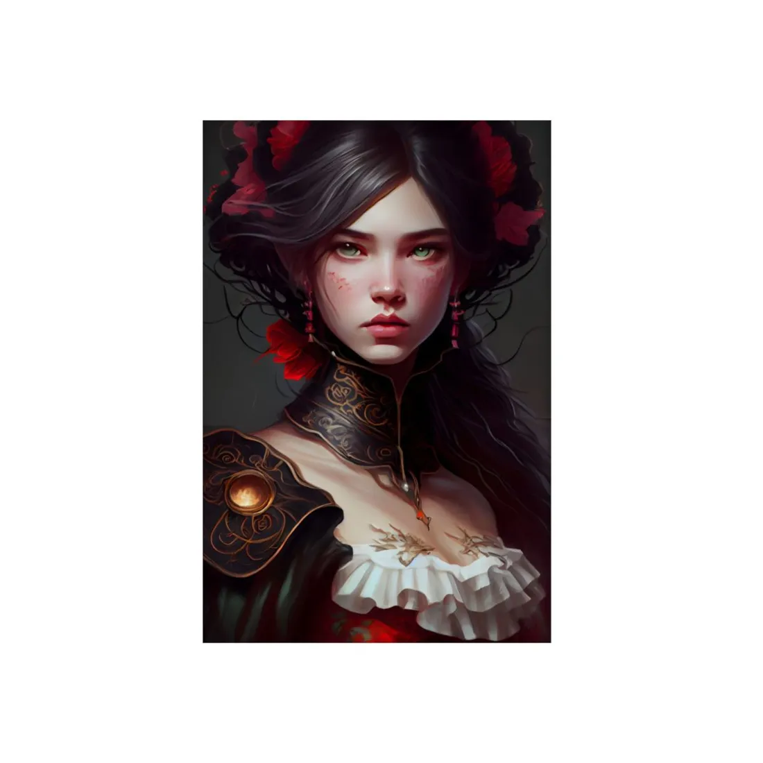 Elegant Black Hair Portrait in White Dress - Metal Poster