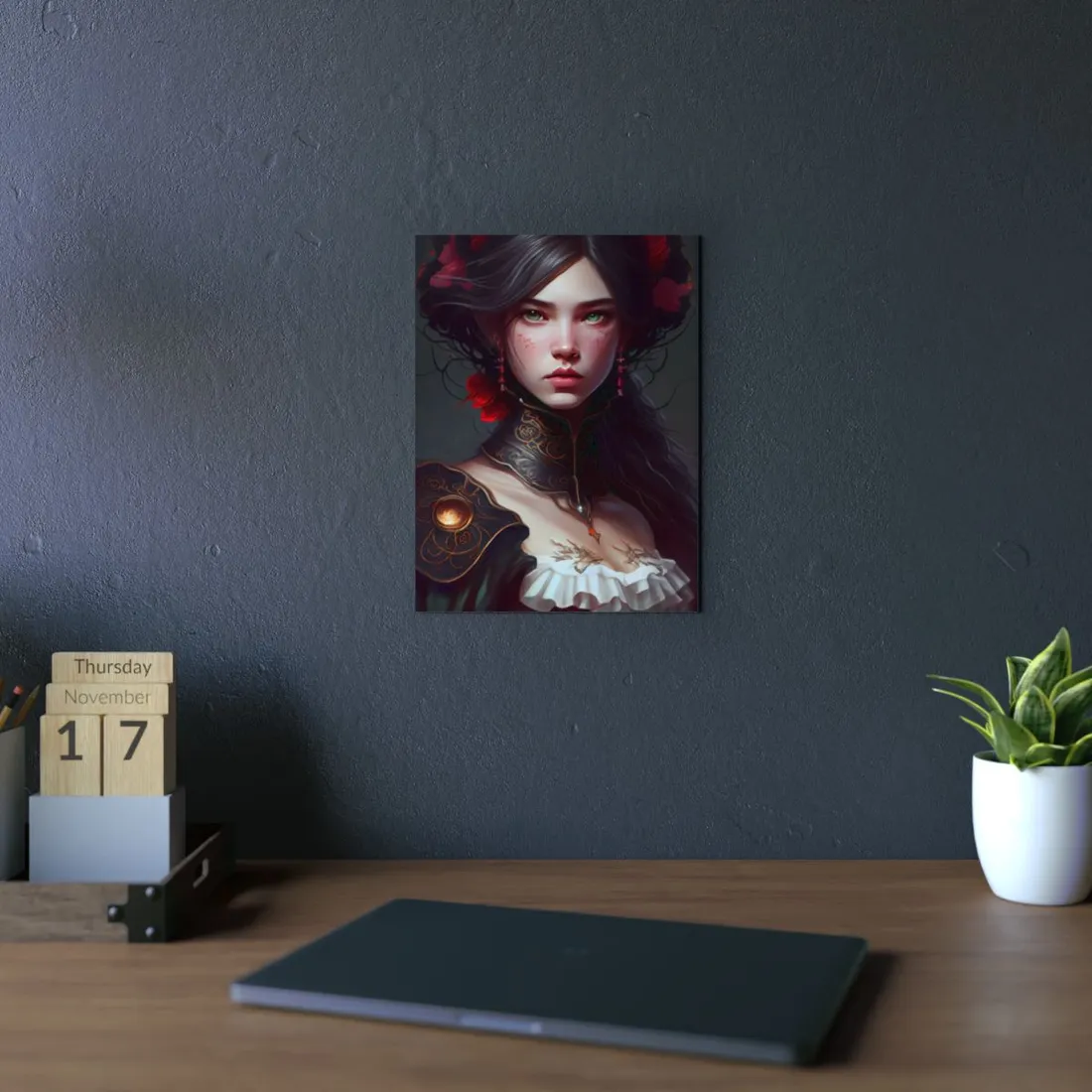 Elegant Black Hair Portrait in White Dress - Metal Poster