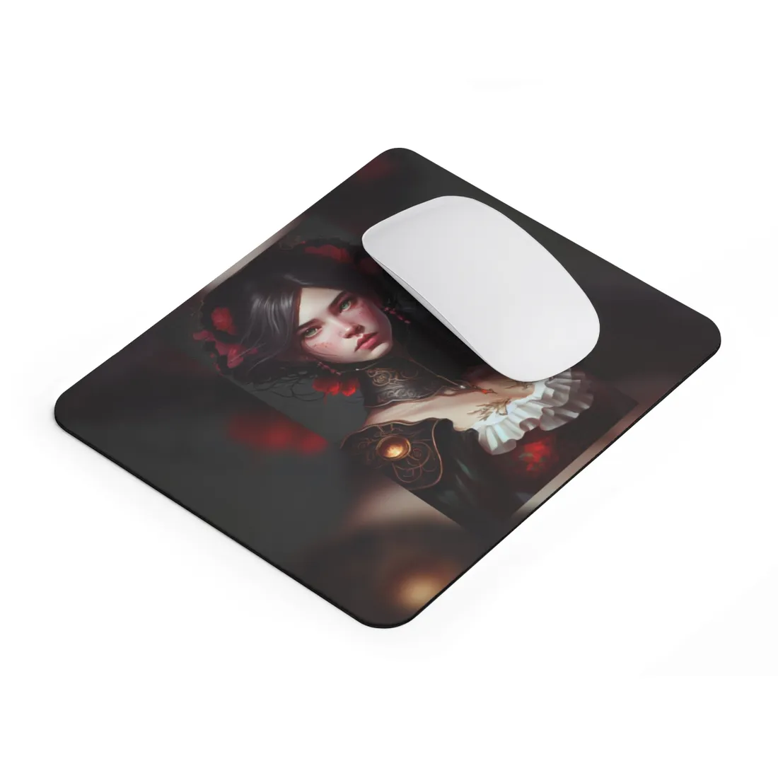 Elegant Black Hair Portrait in White Dress - Mouse Pad
