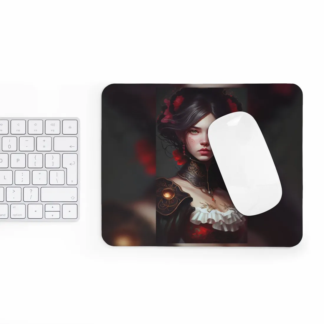 Elegant Black Hair Portrait in White Dress - Mouse Pad