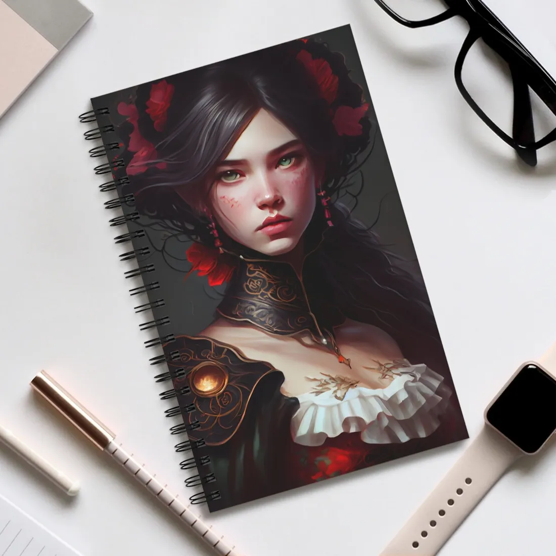 Elegant Black Hair Portrait in White Dress - Spiral Notebook