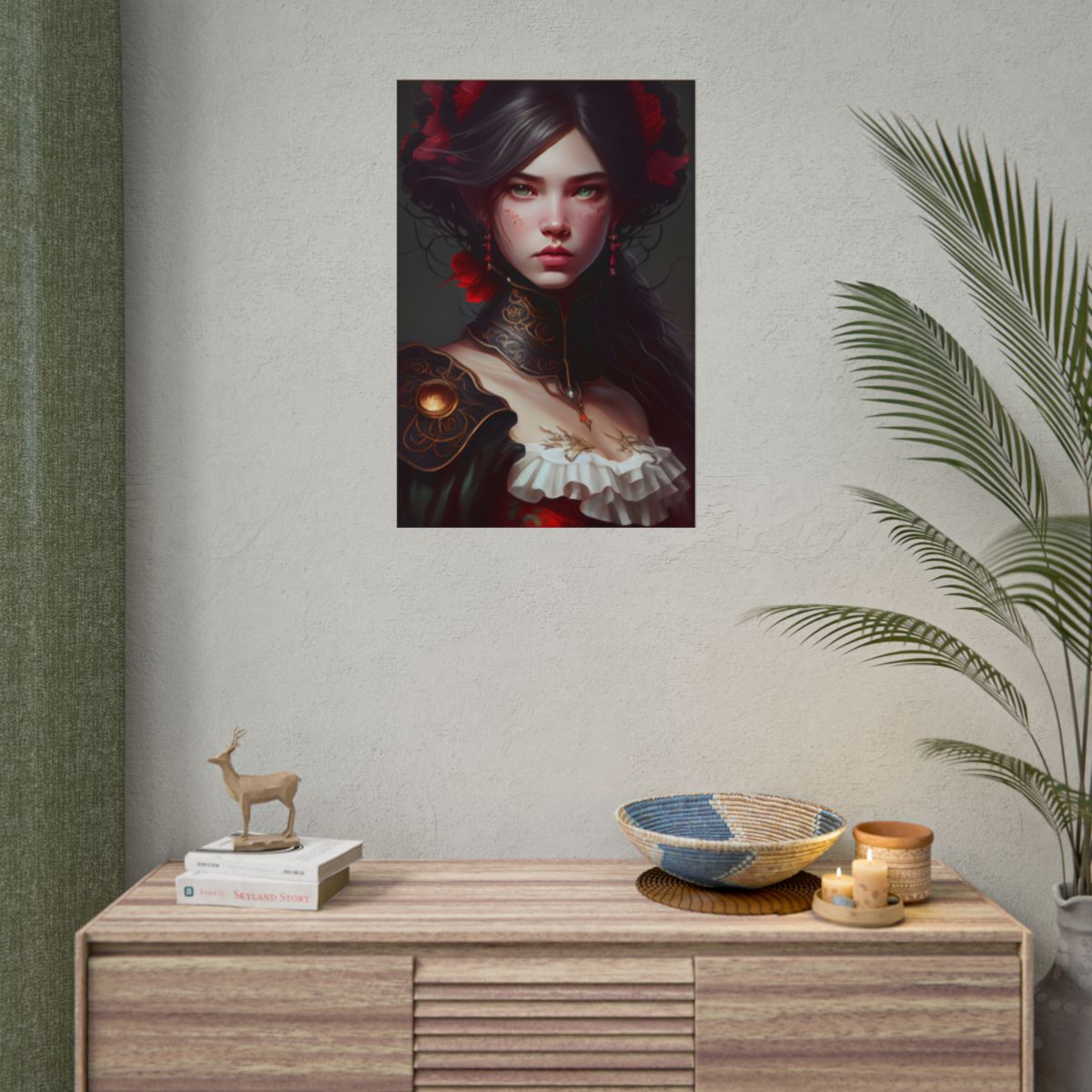 Elegant Black Hair Portrait in White Dress - Poster
