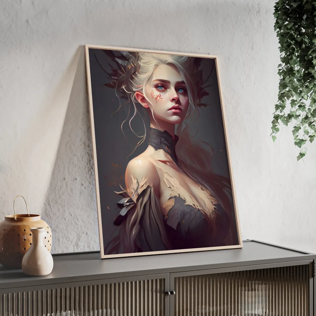 Elegant Blonde Portrait: Outdoor Woman in Dress - Framed Poster