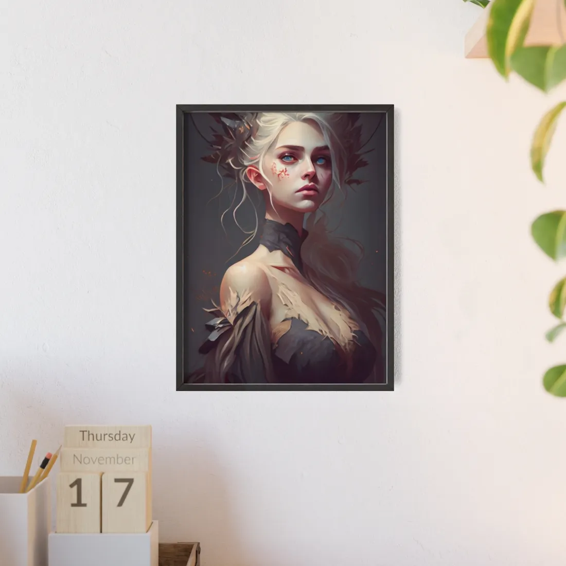 Elegant Blonde Portrait: Outdoor Woman in Dress - Framed Poster