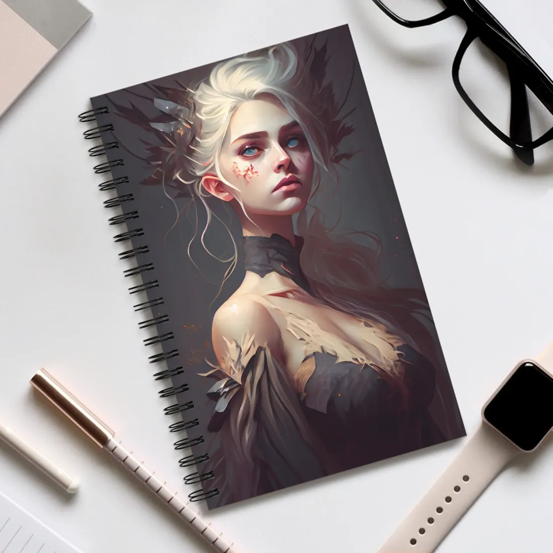 Elegant Blonde Portrait: Outdoor Woman in Dress - Spiral Notebook