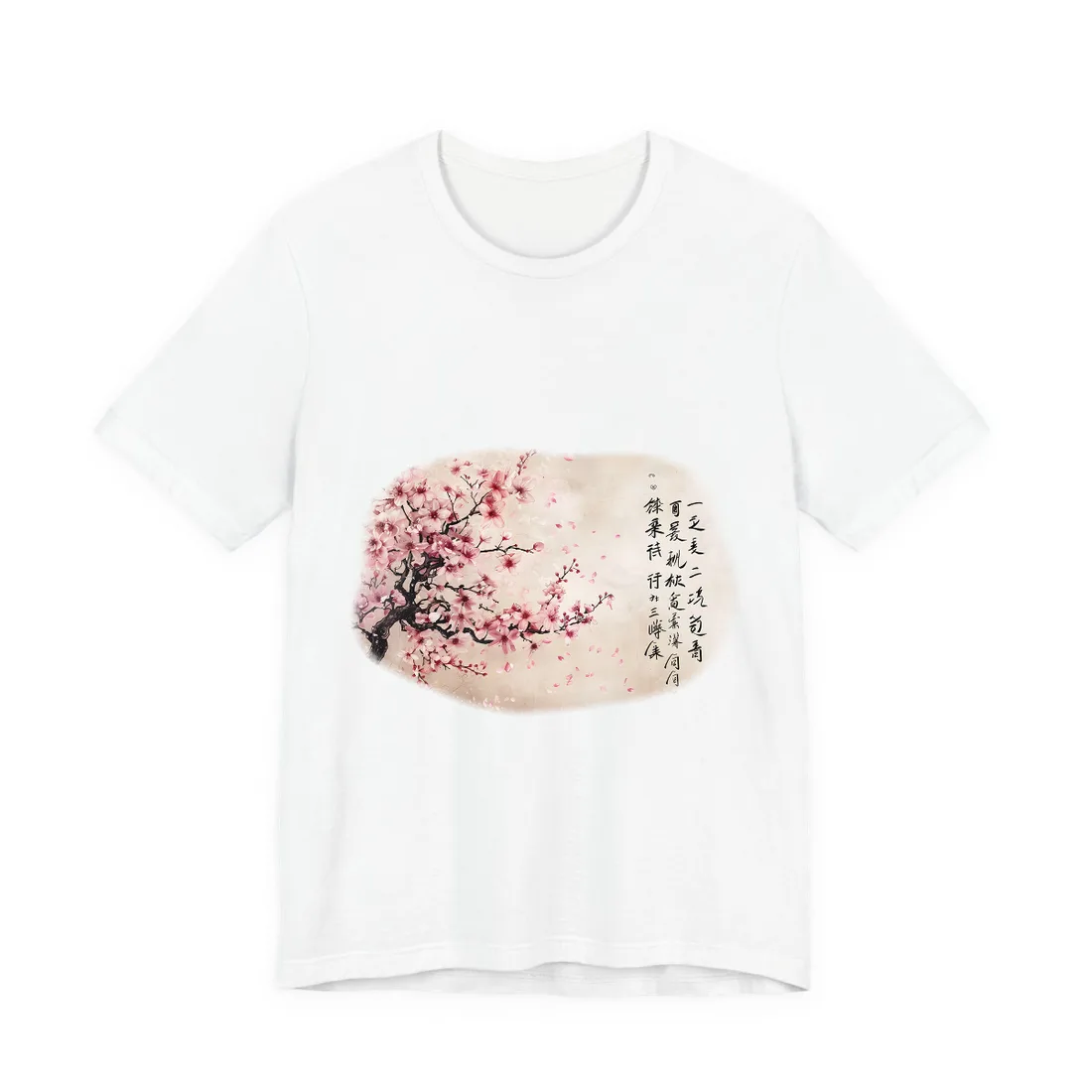 Cherry Blossom Branch: Japanese Ink Painting with Calligraphy – T-Shirt, white