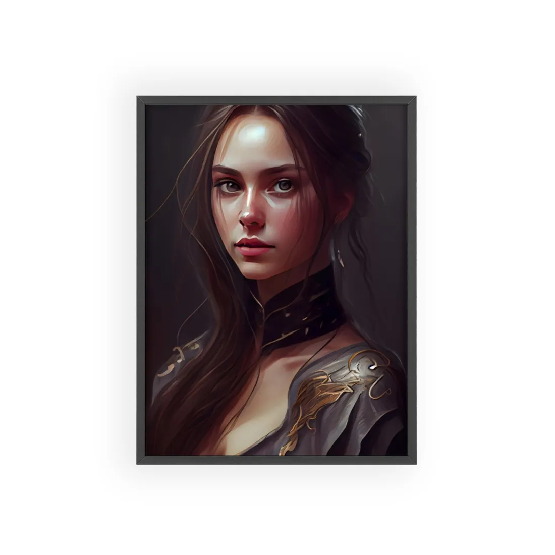 Elegant Indoor Portrait: Brown Hair Beauty - Framed Poster