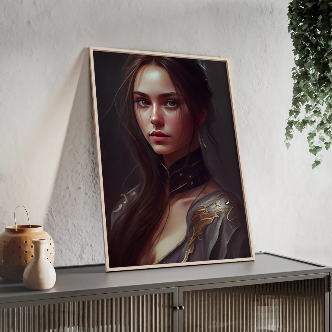 Elegant Indoor Portrait: Brown Hair Beauty - Framed Poster