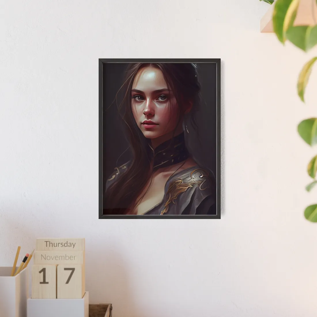 Elegant Indoor Portrait: Brown Hair Beauty - Framed Poster