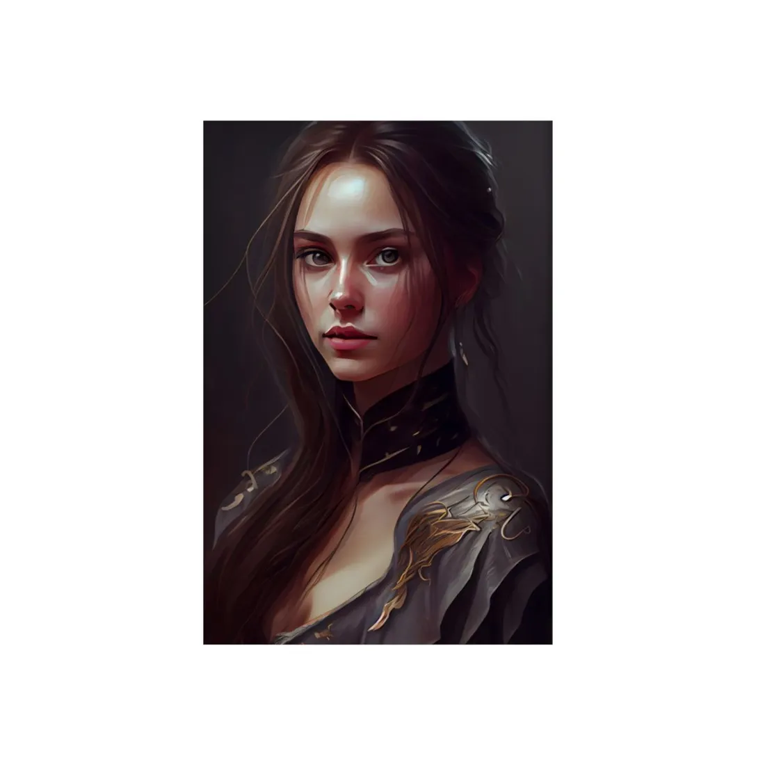 Elegant Indoor Portrait: Brown Hair Beauty - Metal Poster