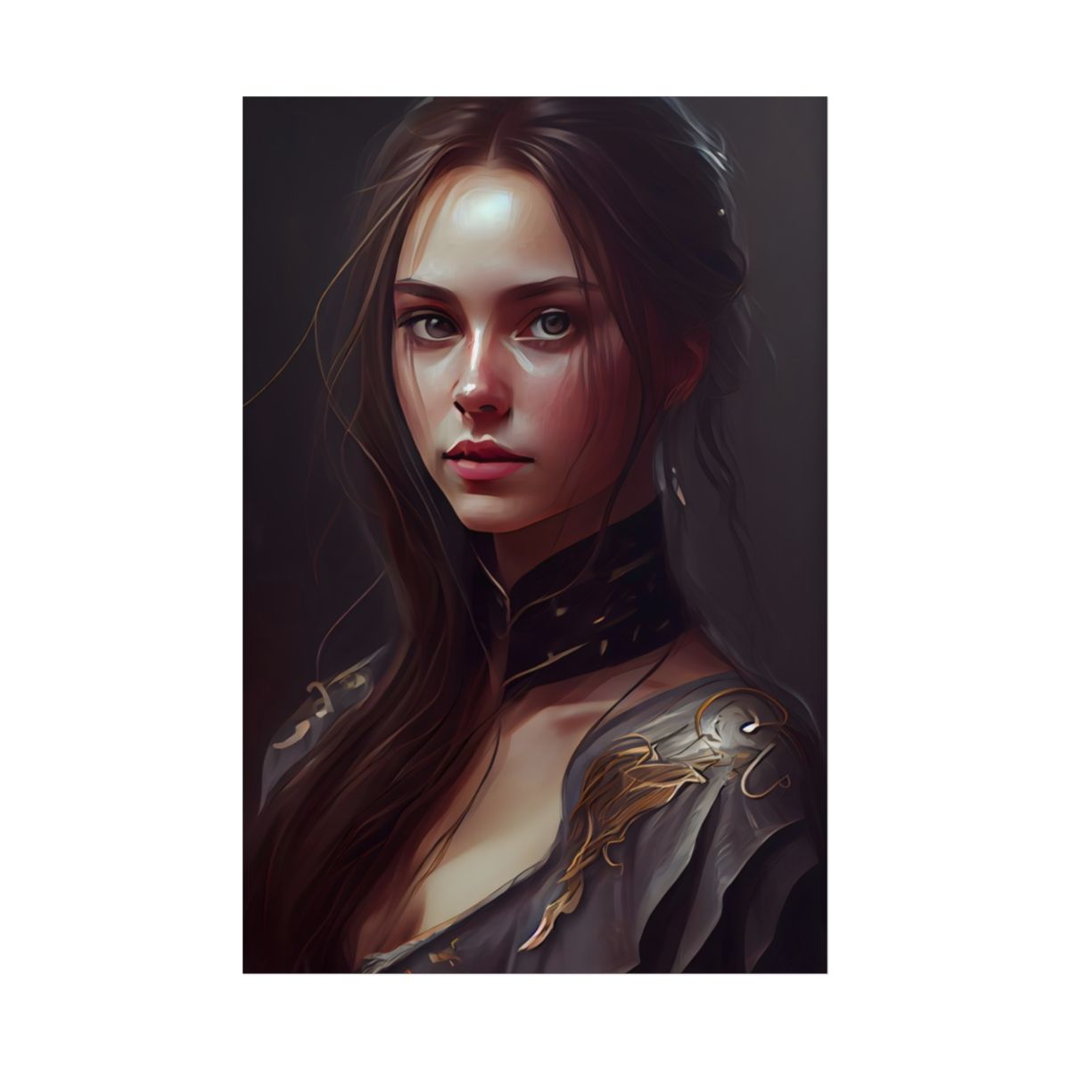 Elegant Indoor Portrait: Brown Hair Beauty - Poster