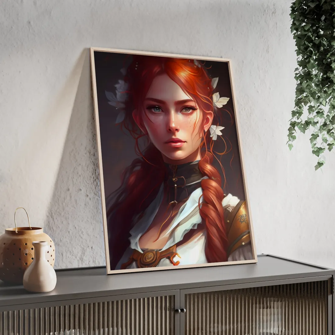 Elegant Redhead Portrait: Dark Background - Framed Poster