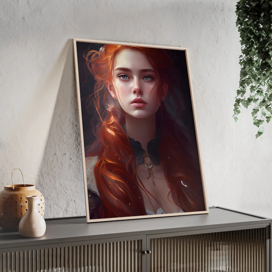 Elegant Redhead Portrait: Female Artwork in Dress - Framed Poster