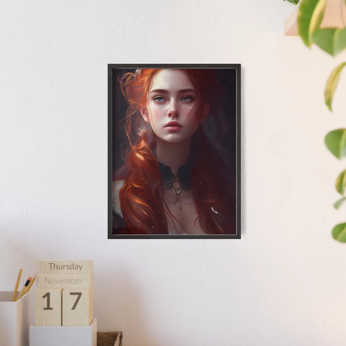 Elegant Redhead Portrait: Female Artwork in Dress - Framed Poster