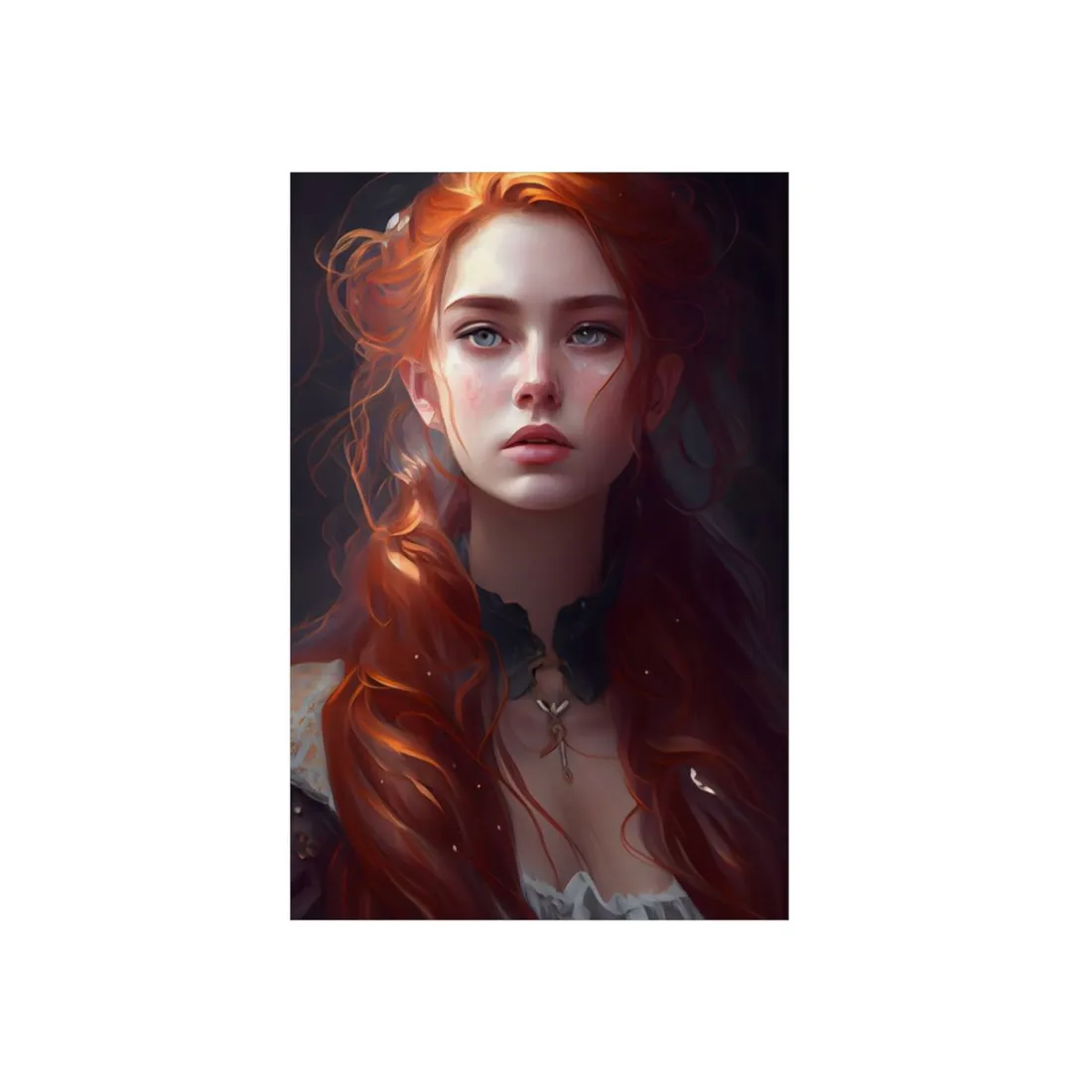 Elegant Redhead Portrait: Female Artwork in Dress - Metal Poster