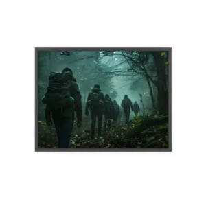 Misty Forest Trail Hikers Framed Poster