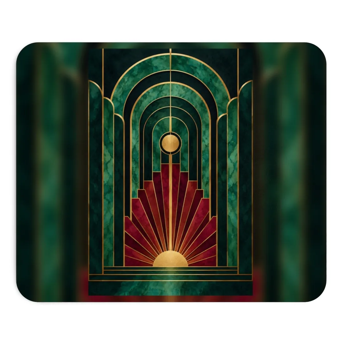Symmetrical Art Deco design with a gold sunburst, red rays, and nested green arches outlined in gold – Mouse Pad, view 1