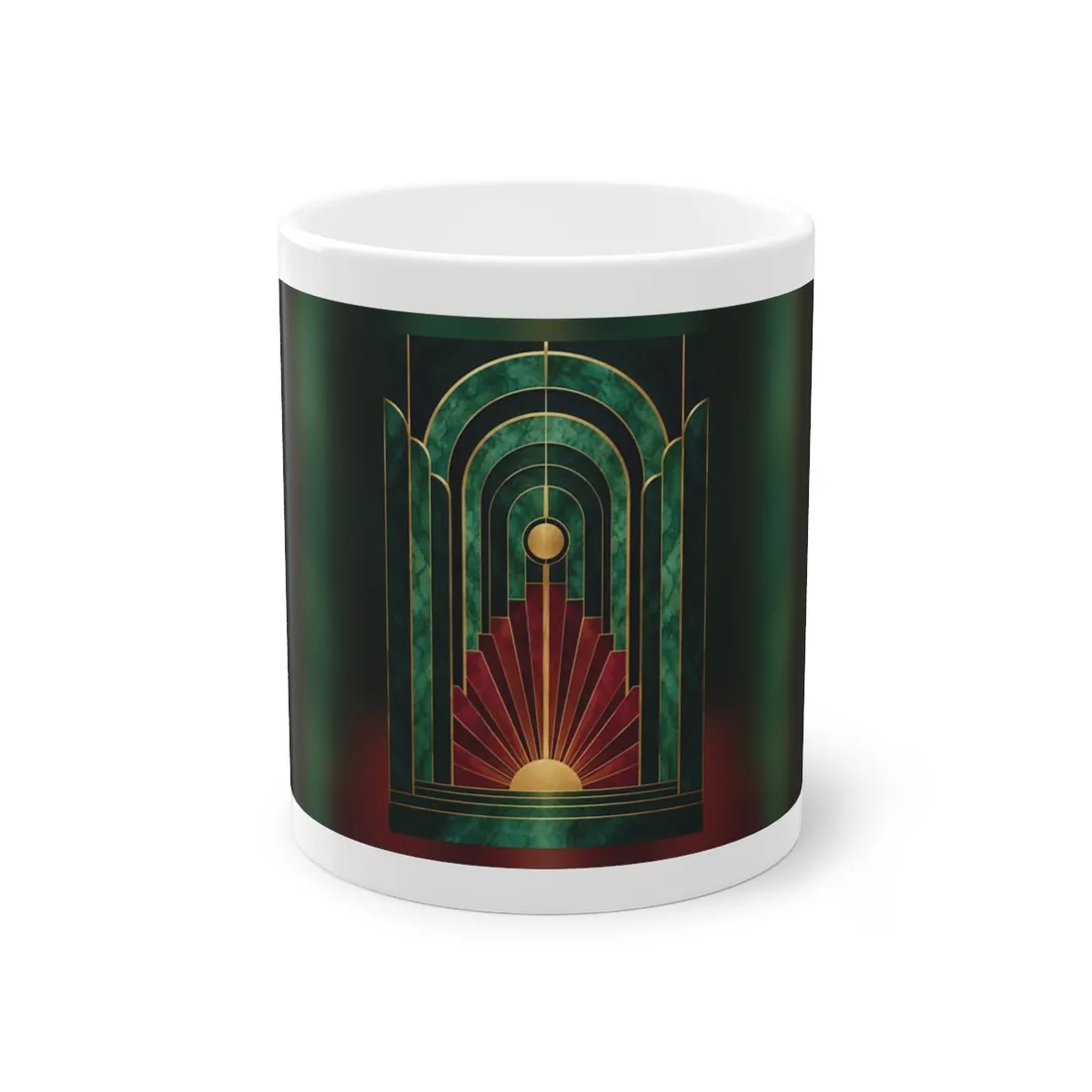 Symmetrical Art Deco design with a gold sunburst, red rays, and nested green arches outlined in gold – Mug, view 1