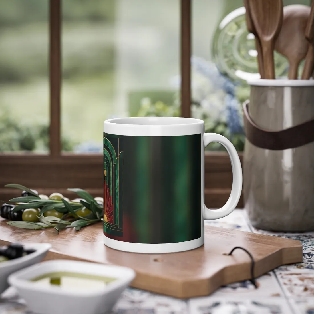 Symmetrical Art Deco design with a gold sunburst, red rays, and nested green arches outlined in gold – Mug, view 2