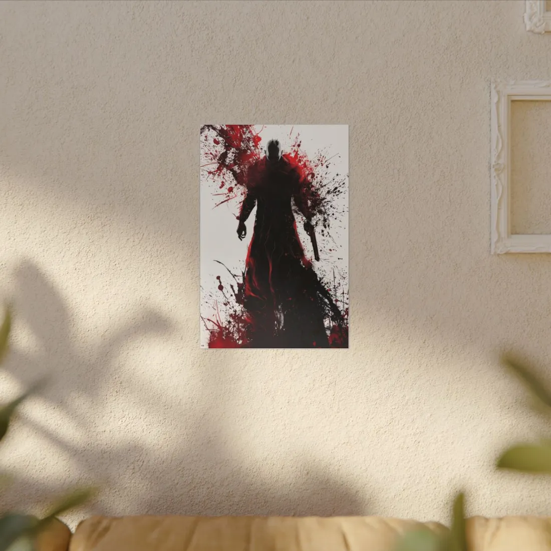 Emerging from Darkness: Blood-Splattered Figure in Shadow - Canvas