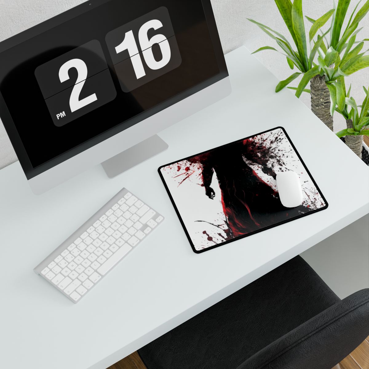 Emerging from Darkness: Blood-Splattered Figure in Shadow - Desk Mat