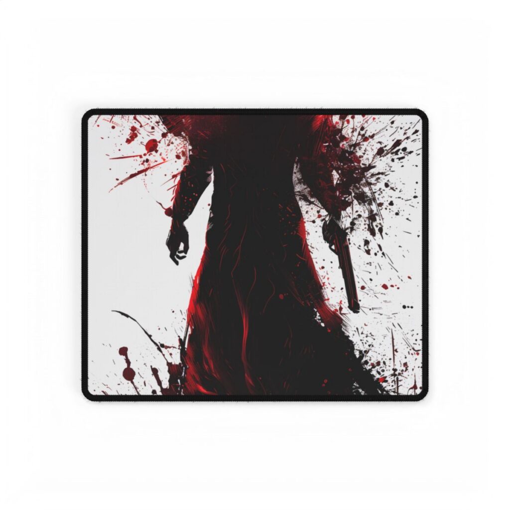 Emerging from Darkness: Blood-Splattered Figure in Shadow - Desk Mat