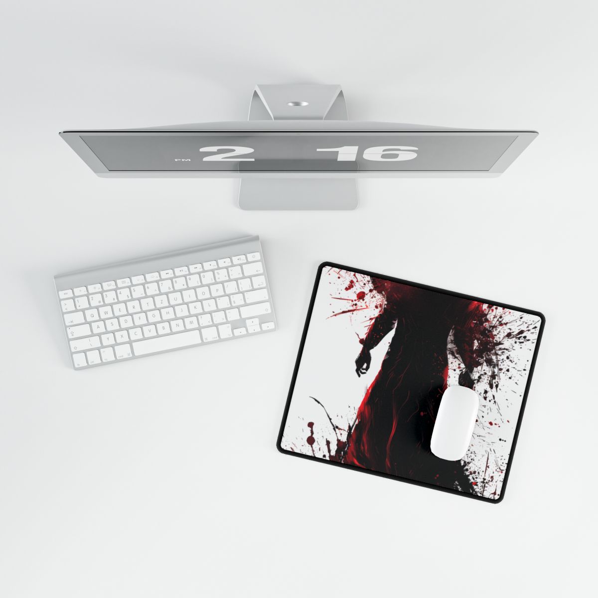 Emerging from Darkness: Blood-Splattered Figure in Shadow - Desk Mat