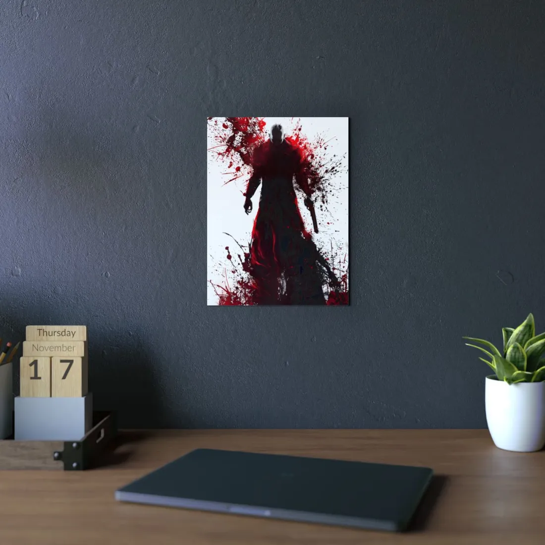 Emerging from Darkness: Blood-Splattered Figure in Shadow - Metal Poster