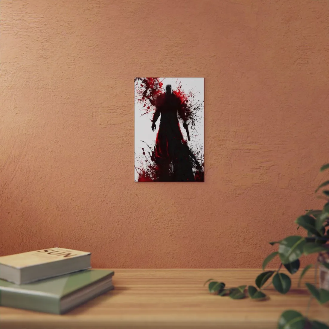 Emerging from Darkness: Blood-Splattered Figure in Shadow - Metal Poster