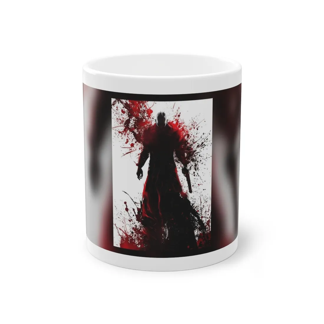 Emerging from Darkness: Blood-Splattered Figure in Shadow - Mug