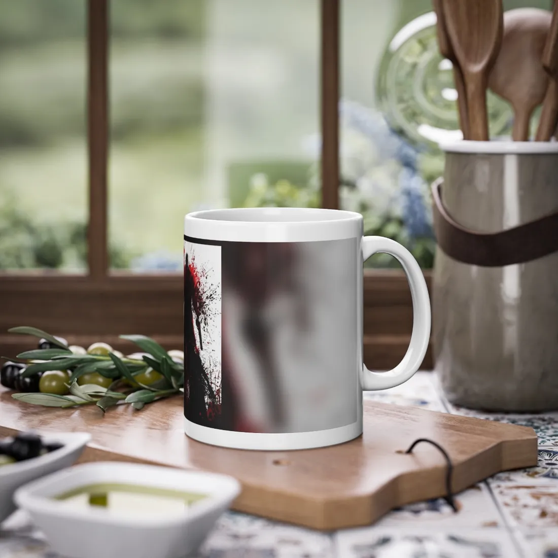 Emerging from Darkness: Blood-Splattered Figure in Shadow - Mug