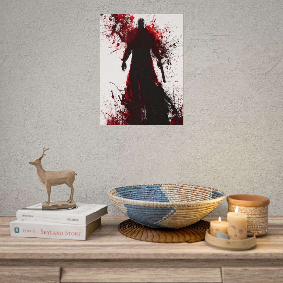 Emerging from Darkness: Blood-Splattered Figure in Shadow - Poster