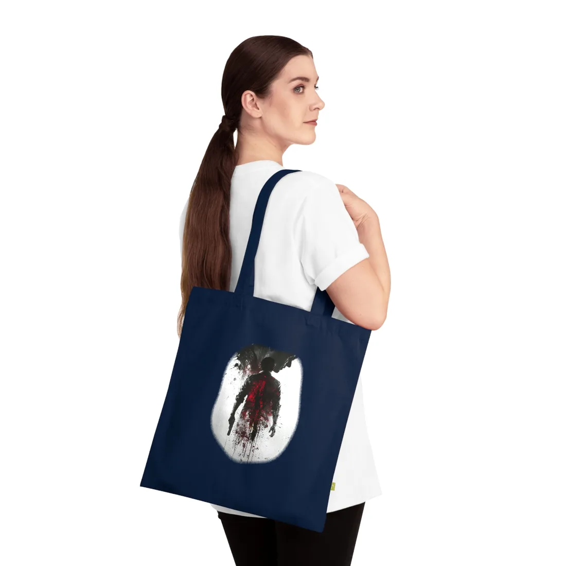 Emerging from Darkness: Blood-Splattered Figure - Tote Bag (French Navy)