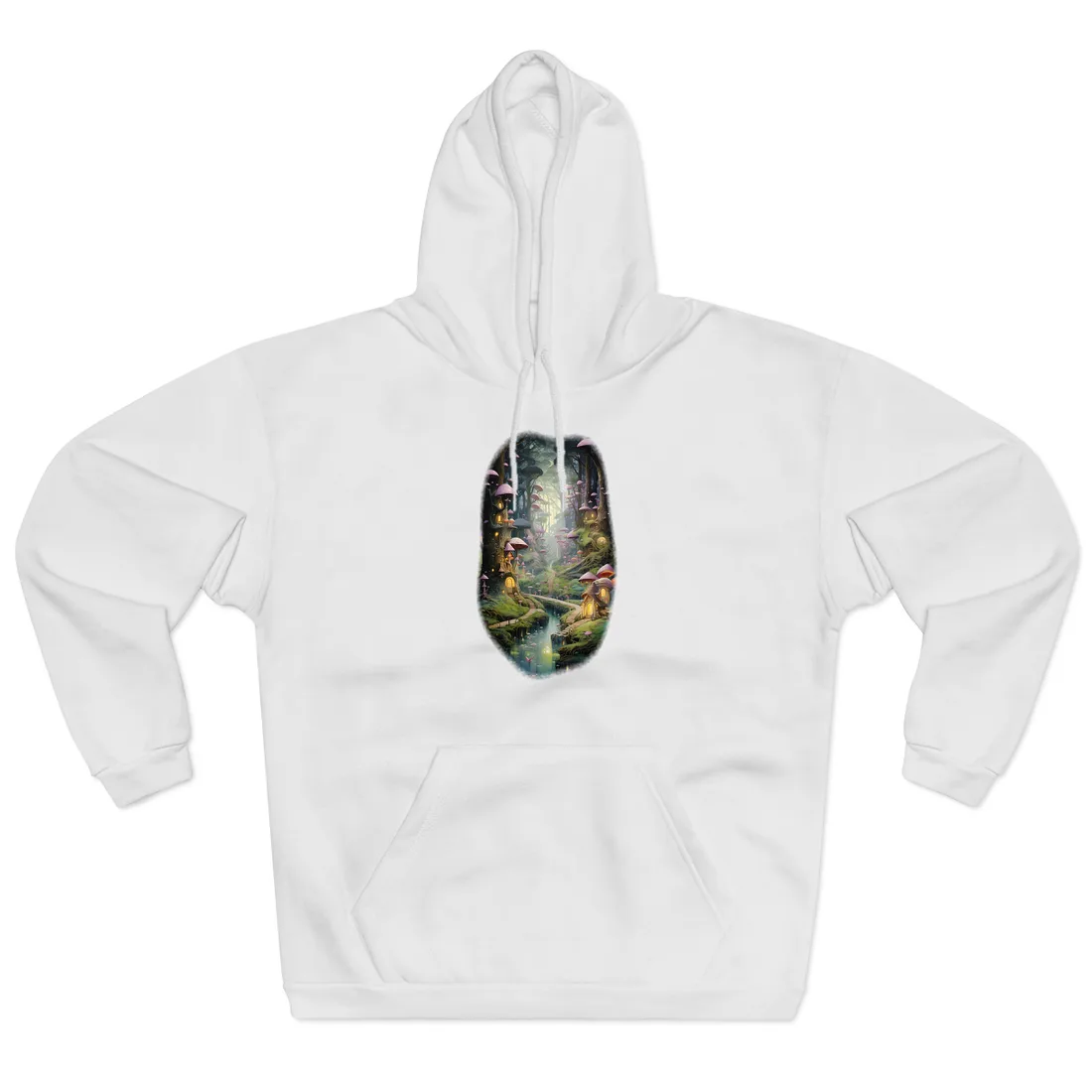 Fairy-tale forest path with pink mushroom houses, glowing windows, and a stream under misty tall – Hoodie, white, room mockup