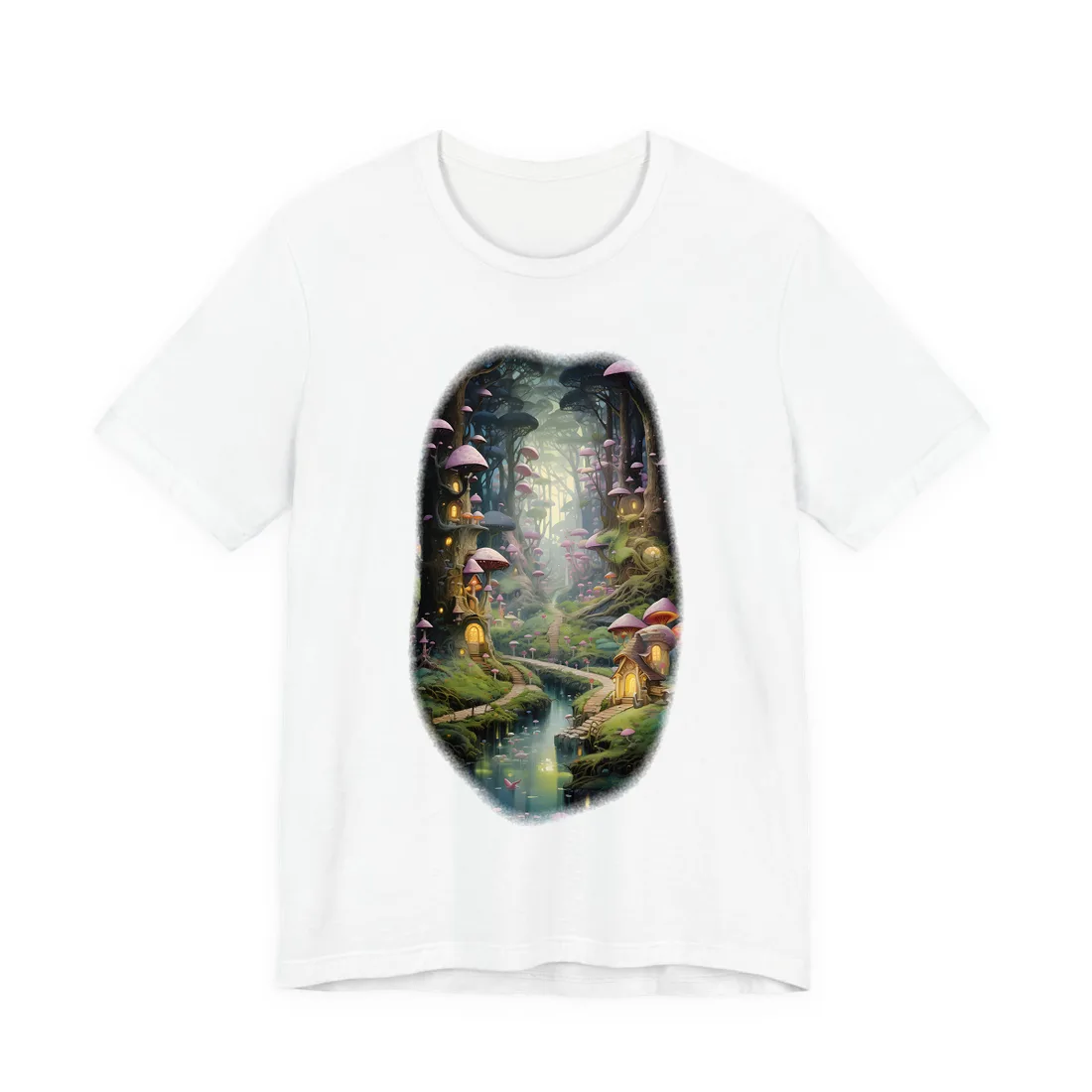 Fairy-tale forest path with pink mushroom houses, glowing windows, and a stream under misty – T-Shirt, white, room mockup